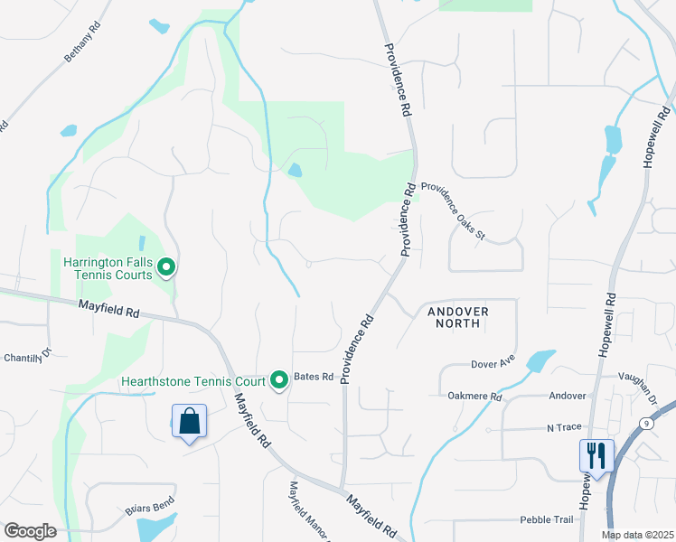 map of restaurants, bars, coffee shops, grocery stores, and more near 1805 Providence Place Drive in Alpharetta