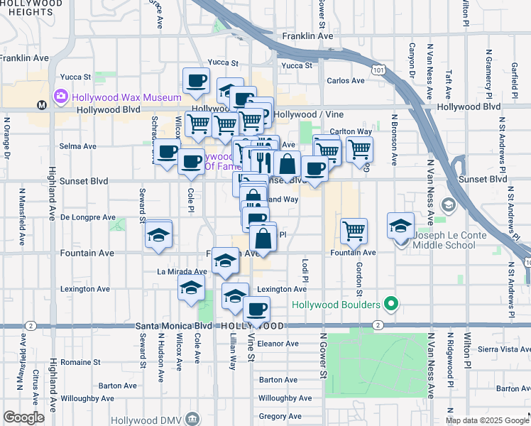 map of restaurants, bars, coffee shops, grocery stores, and more near 6261 De Longpre Avenue in Los Angeles
