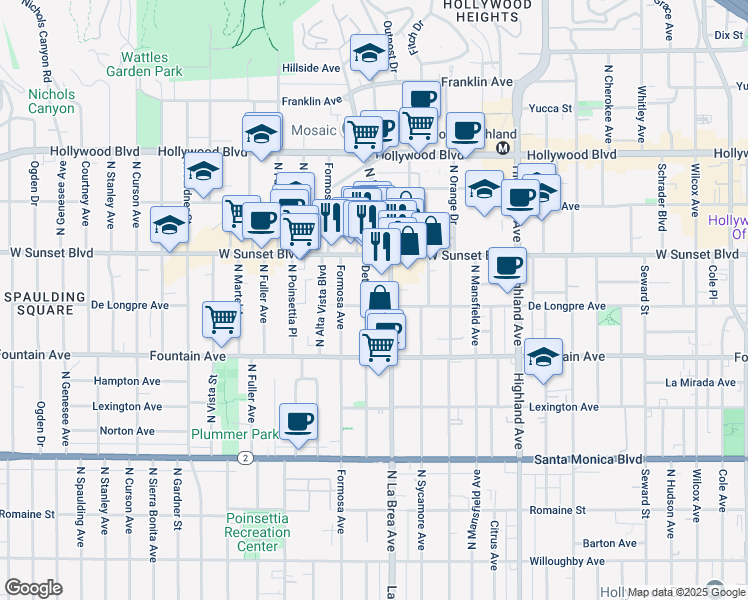 map of restaurants, bars, coffee shops, grocery stores, and more near 7125 De Longpre Avenue in Los Angeles