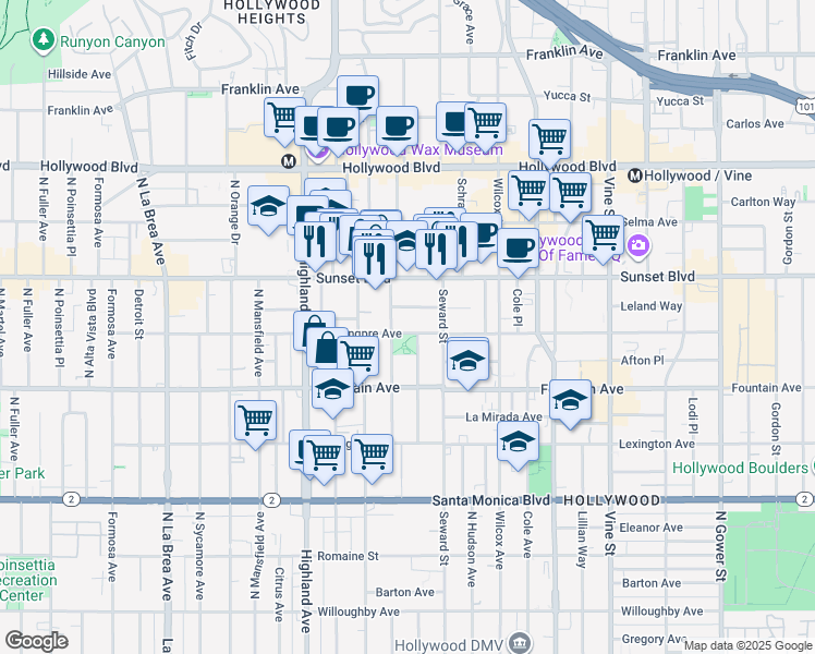 map of restaurants, bars, coffee shops, grocery stores, and more near 6651 De Longpre Avenue in Los Angeles