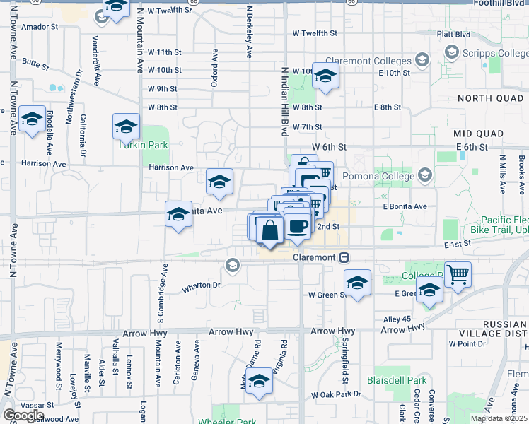 map of restaurants, bars, coffee shops, grocery stores, and more near 542 West Bonita Avenue in Claremont