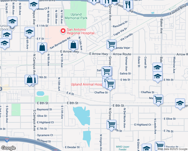 map of restaurants, bars, coffee shops, grocery stores, and more near 1387 East 9th Street in Upland