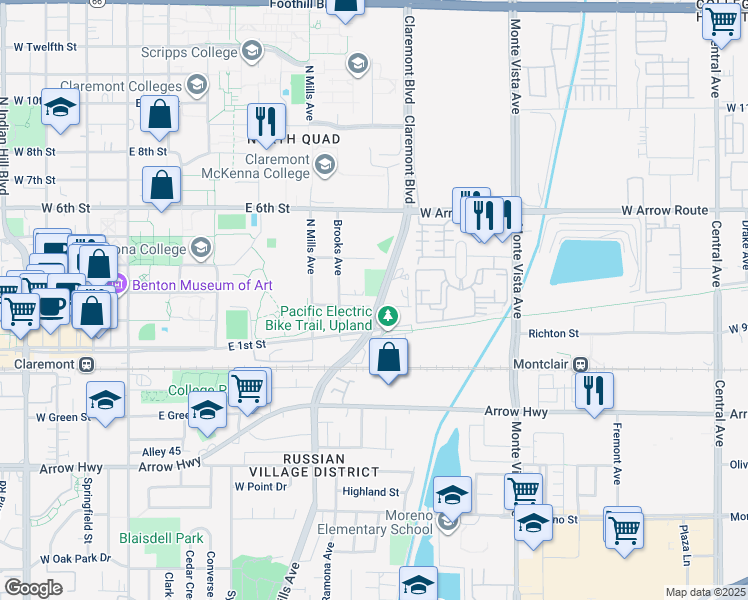 map of restaurants, bars, coffee shops, grocery stores, and more near 649 Blanchard Place in Claremont