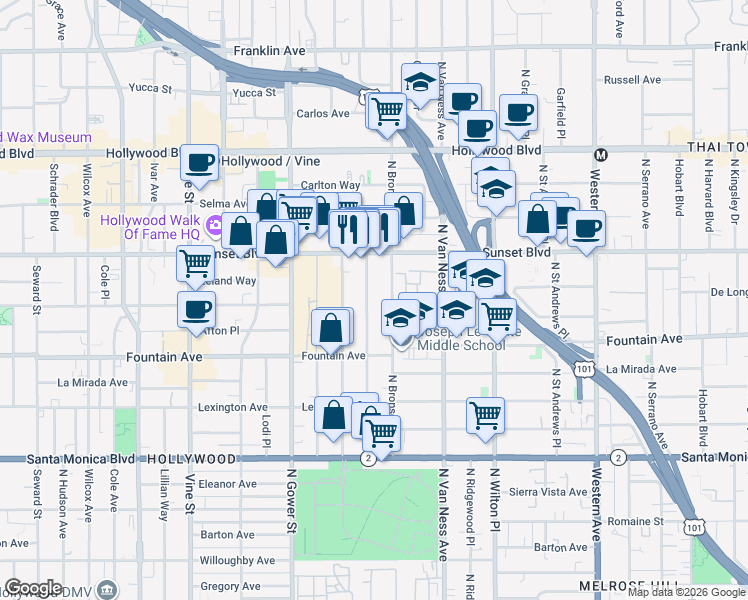 map of restaurants, bars, coffee shops, grocery stores, and more near 1421 North Bronson Avenue in Los Angeles