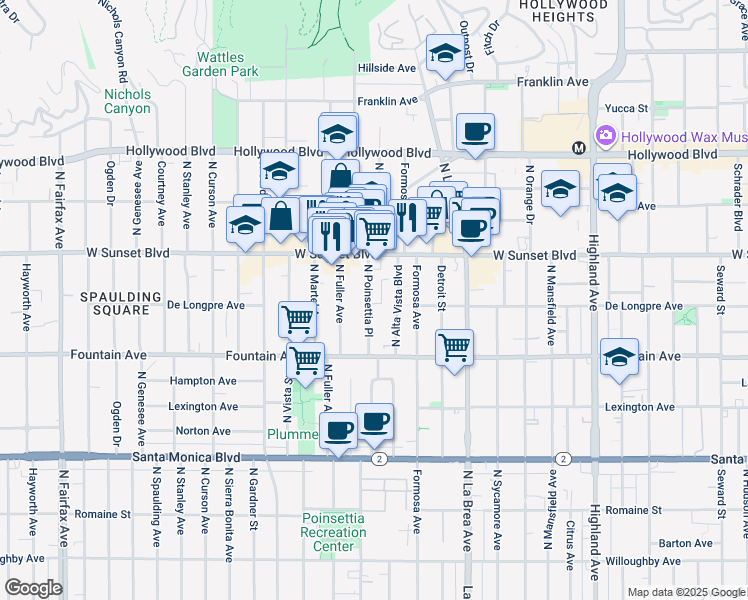 map of restaurants, bars, coffee shops, grocery stores, and more near 1418 North Poinsettia Place in Los Angeles