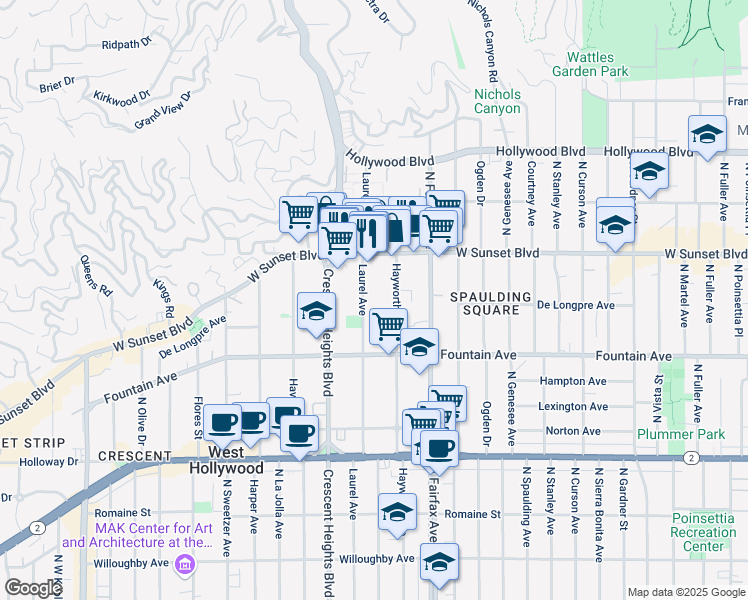 map of restaurants, bars, coffee shops, grocery stores, and more near 1404 North Laurel Avenue in West Hollywood