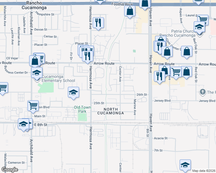 map of restaurants, bars, coffee shops, grocery stores, and more near 8654 Creekside Place in Rancho Cucamonga
