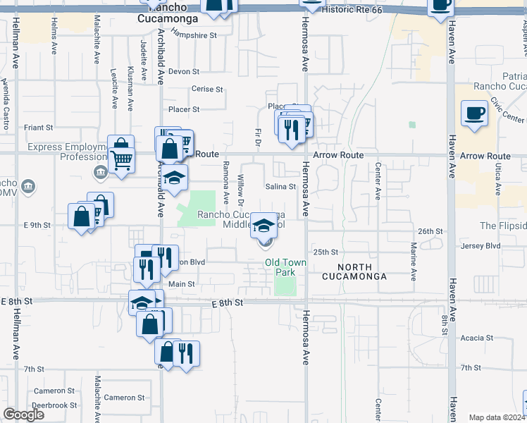 map of restaurants, bars, coffee shops, grocery stores, and more near 8657 Cedar Drive in Rancho Cucamonga