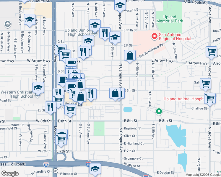 map of restaurants, bars, coffee shops, grocery stores, and more near 551 East 9th Street in Upland