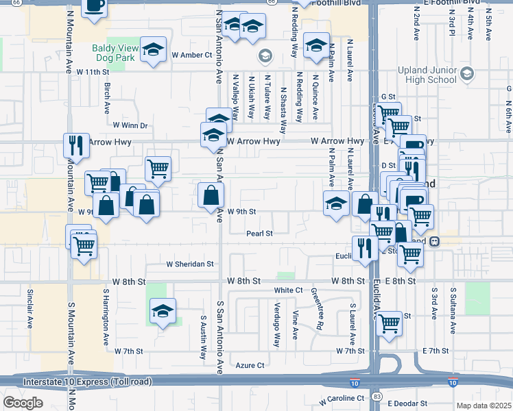 map of restaurants, bars, coffee shops, grocery stores, and more near 613 West 9th Street in Upland