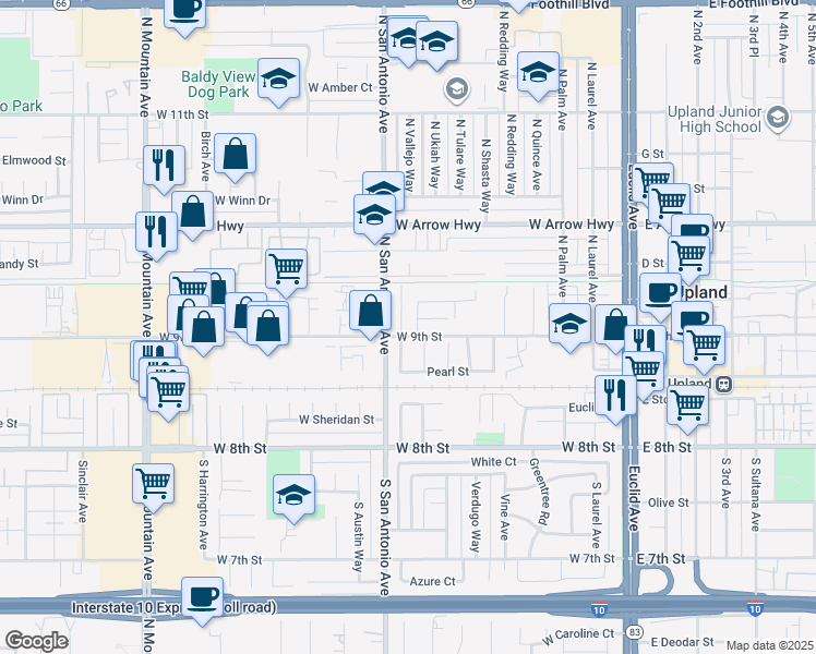 map of restaurants, bars, coffee shops, grocery stores, and more near 233 North Vallejo Way in Upland