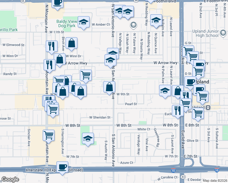 map of restaurants, bars, coffee shops, grocery stores, and more near 233 North Vallejo Way in Upland