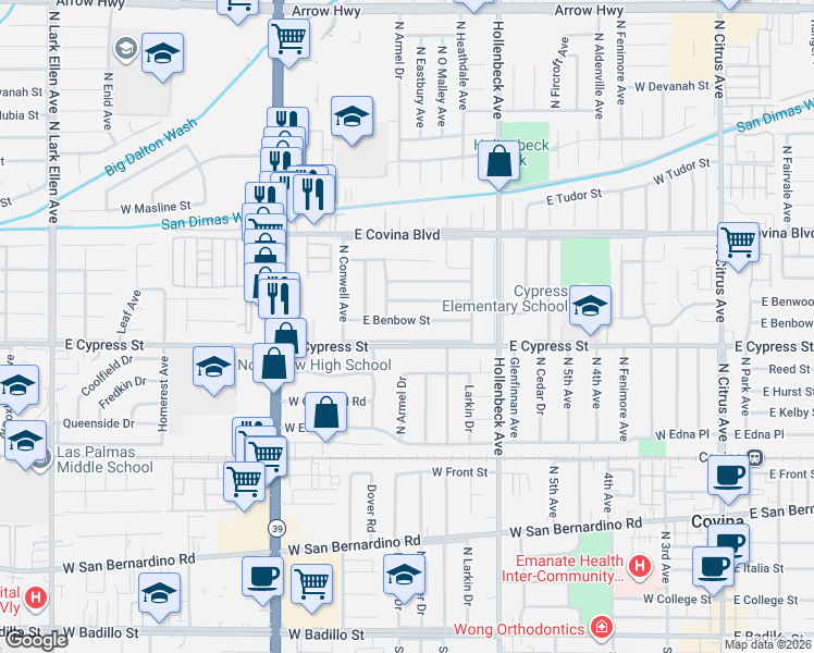 map of restaurants, bars, coffee shops, grocery stores, and more near 17714 East Benbow Street in Covina