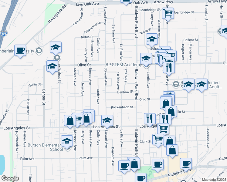 map of restaurants, bars, coffee shops, grocery stores, and more near in Baldwin Park