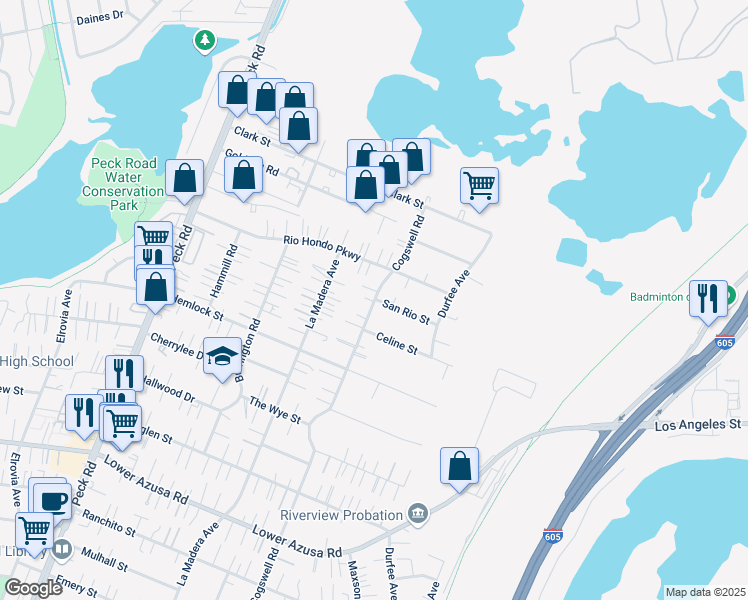 map of restaurants, bars, coffee shops, grocery stores, and more near 12005 San Rio Street in El Monte