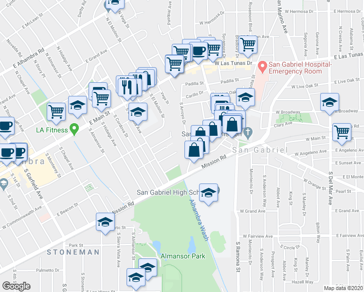 map of restaurants, bars, coffee shops, grocery stores, and more near 343 South Arroyo Drive in San Gabriel