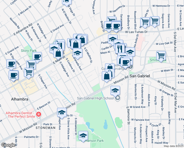 map of restaurants, bars, coffee shops, grocery stores, and more near 920 East Arroyo Terrace in Alhambra