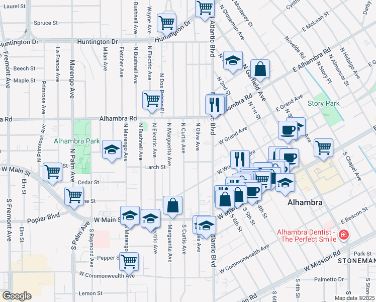 map of restaurants, bars, coffee shops, grocery stores, and more near 402 North Curtis Avenue in Alhambra