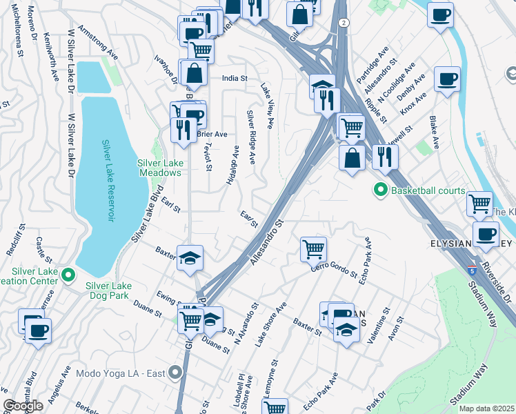 map of restaurants, bars, coffee shops, grocery stores, and more near 2237 Silver Ridge Avenue in Los Angeles