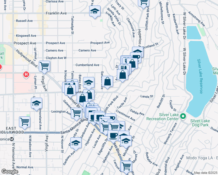map of restaurants, bars, coffee shops, grocery stores, and more near 3919 Fernwood Avenue in Los Angeles