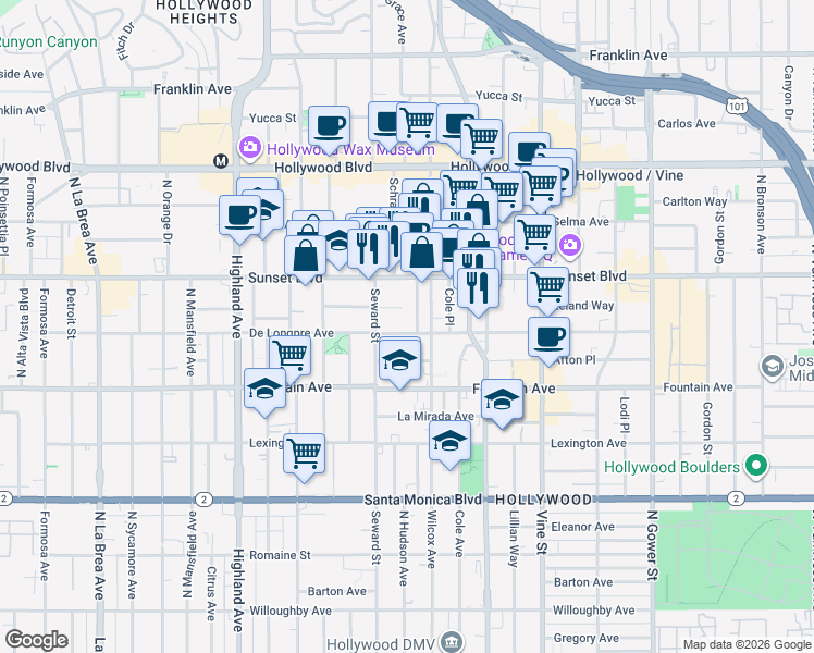 map of restaurants, bars, coffee shops, grocery stores, and more near 1415 North Hudson Avenue in Los Angeles