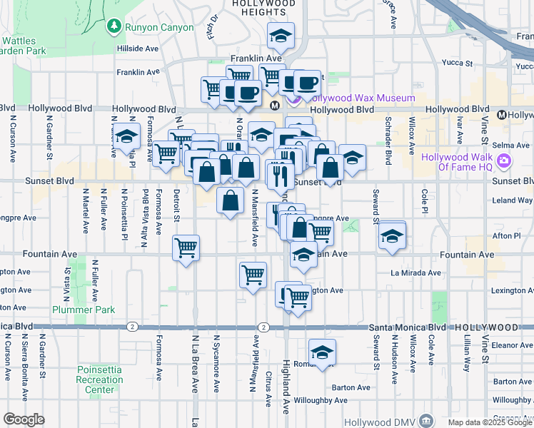 map of restaurants, bars, coffee shops, grocery stores, and more near 6823 De Longpre Avenue in Los Angeles