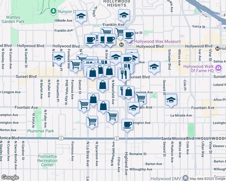 map of restaurants, bars, coffee shops, grocery stores, and more near 1411 North Mansfield Avenue in Los Angeles