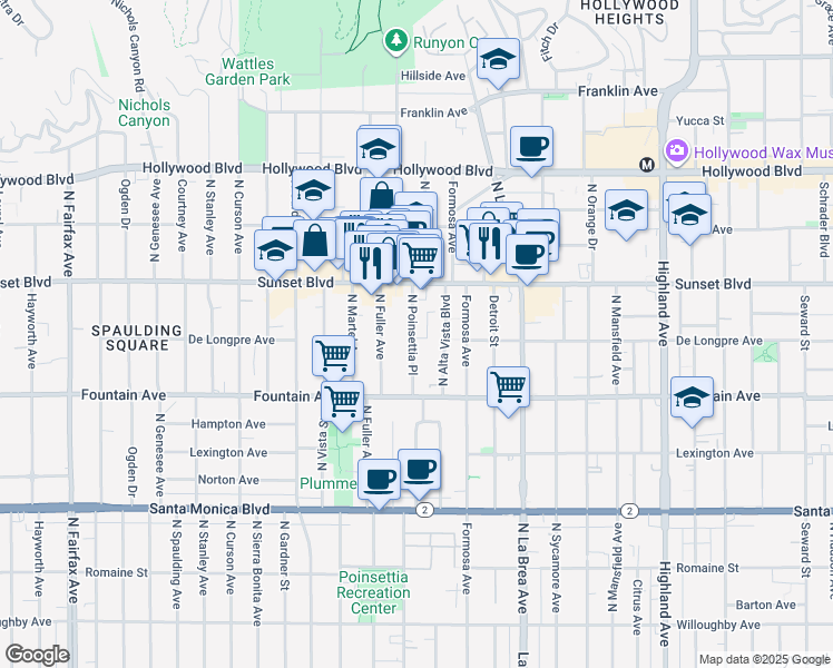 map of restaurants, bars, coffee shops, grocery stores, and more near 1419 North Poinsettia Place in Los Angeles