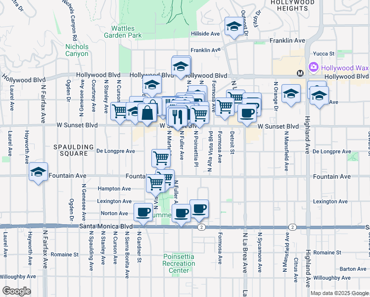 map of restaurants, bars, coffee shops, grocery stores, and more near 1411 North Fuller Avenue in Los Angeles