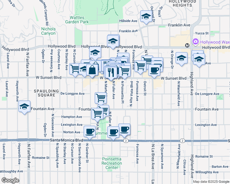 map of restaurants, bars, coffee shops, grocery stores, and more near 1411 North Fuller Avenue in Los Angeles