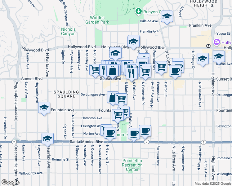 map of restaurants, bars, coffee shops, grocery stores, and more near 1416 North Vista Street in Los Angeles