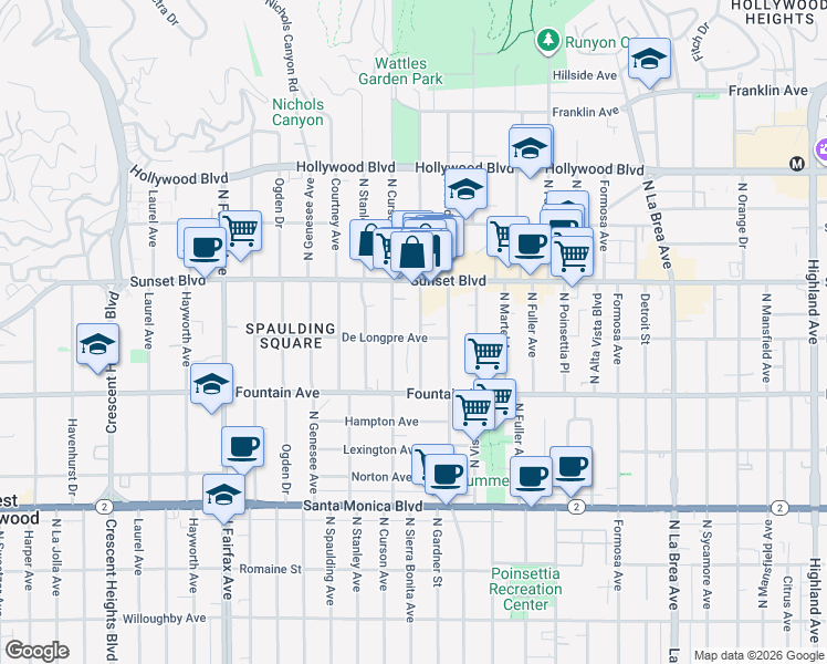 map of restaurants, bars, coffee shops, grocery stores, and more near 1411 North Sierra Bonita Avenue in Los Angeles