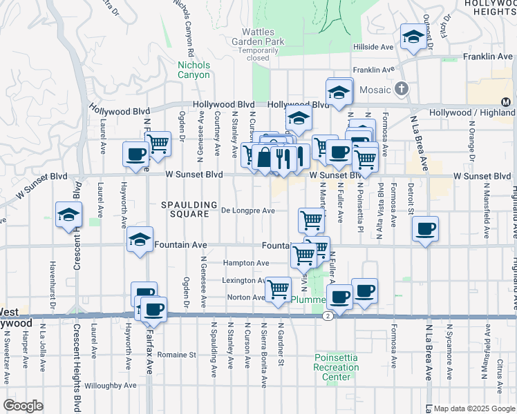 map of restaurants, bars, coffee shops, grocery stores, and more near 1411 North Sierra Bonita Avenue in Los Angeles