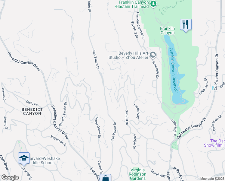 map of restaurants, bars, coffee shops, grocery stores, and more near 1433 Claridge Drive in Beverly Hills