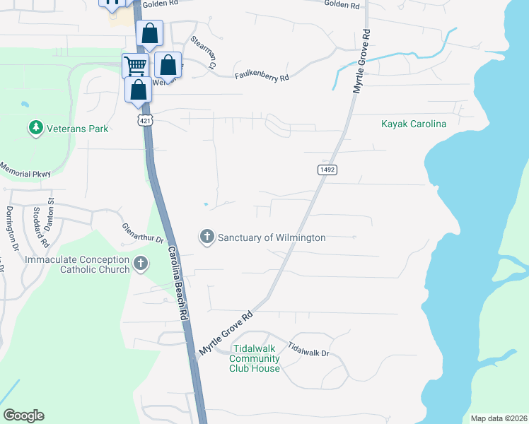 map of restaurants, bars, coffee shops, grocery stores, and more near 7418 Myrtle Grove Rd in Wilmington