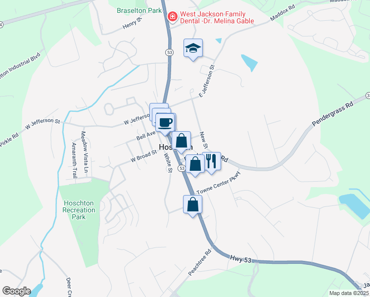 map of restaurants, bars, coffee shops, grocery stores, and more near 29 Oak Street in Hoschton