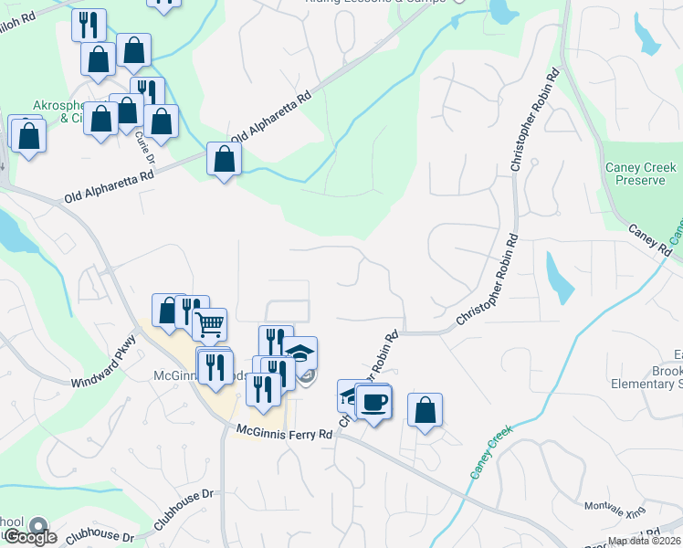 map of restaurants, bars, coffee shops, grocery stores, and more near 1270 Legend Run in Alpharetta