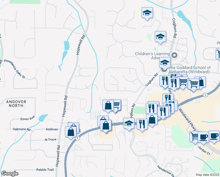 map of restaurants, bars, coffee shops, grocery stores, and more near 2474 Traywick Chase in Alpharetta