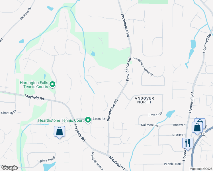 map of restaurants, bars, coffee shops, grocery stores, and more near 1805 Providence Place Drive in Alpharetta