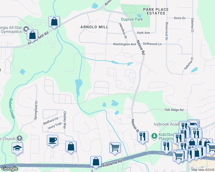 map of restaurants, bars, coffee shops, grocery stores, and more near 400 Waverly Place in Woodstock