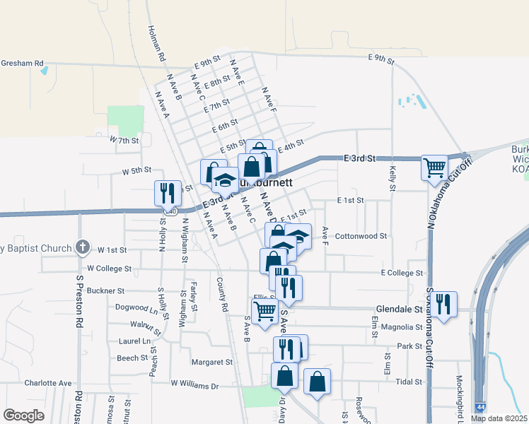 map of restaurants, bars, coffee shops, grocery stores, and more near 300 East 2nd Street in Burkburnett