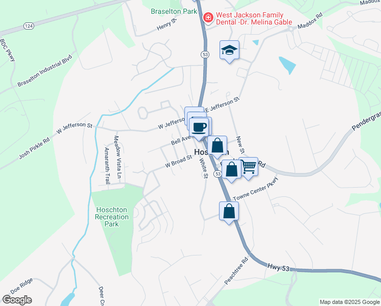 map of restaurants, bars, coffee shops, grocery stores, and more near 86 W Broad St in Hoschton