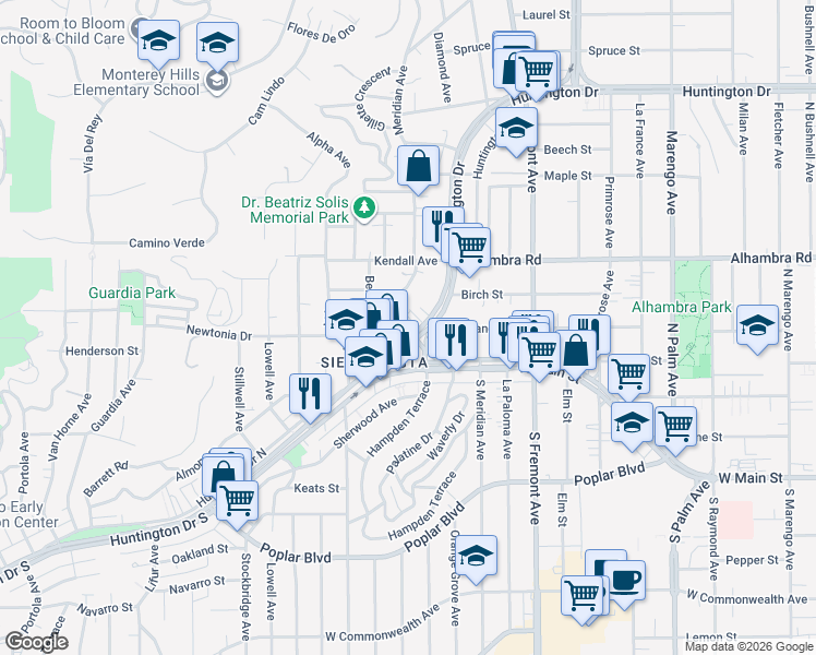 map of restaurants, bars, coffee shops, grocery stores, and more near 5639 Huntington Drive in Los Angeles