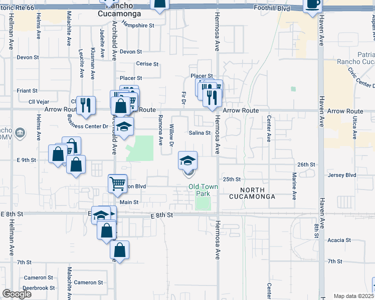 map of restaurants, bars, coffee shops, grocery stores, and more near 8657 Cedar Drive in Rancho Cucamonga