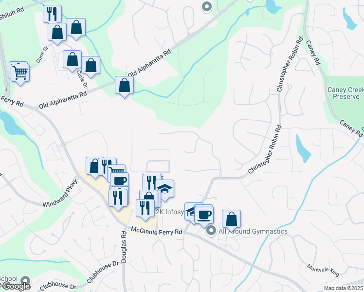 map of restaurants, bars, coffee shops, grocery stores, and more near 1270 Legend Run in Alpharetta