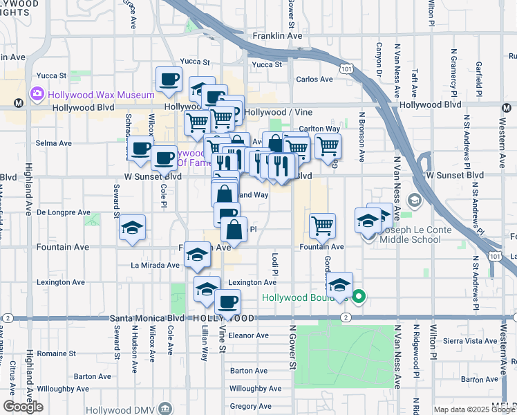 map of restaurants, bars, coffee shops, grocery stores, and more near 6219 De Longpre Avenue in Los Angeles