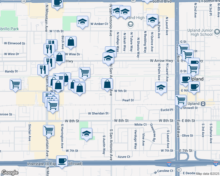 map of restaurants, bars, coffee shops, grocery stores, and more near 217 North San Antonio Avenue in Upland