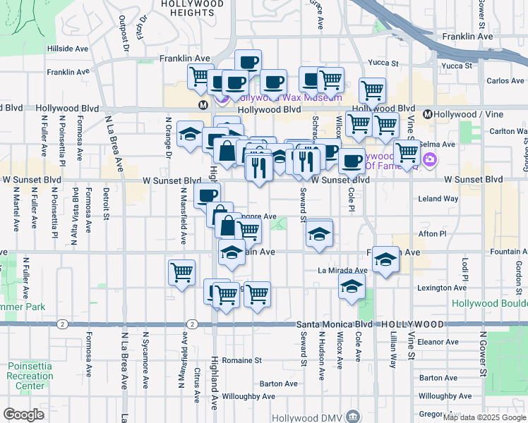 map of restaurants, bars, coffee shops, grocery stores, and more near 6651 De Longpre Avenue in Los Angeles