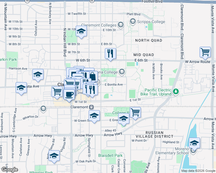 map of restaurants, bars, coffee shops, grocery stores, and more near East 6th Street in Claremont