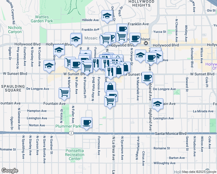 map of restaurants, bars, coffee shops, grocery stores, and more near 7125 De Longpre Avenue in Los Angeles